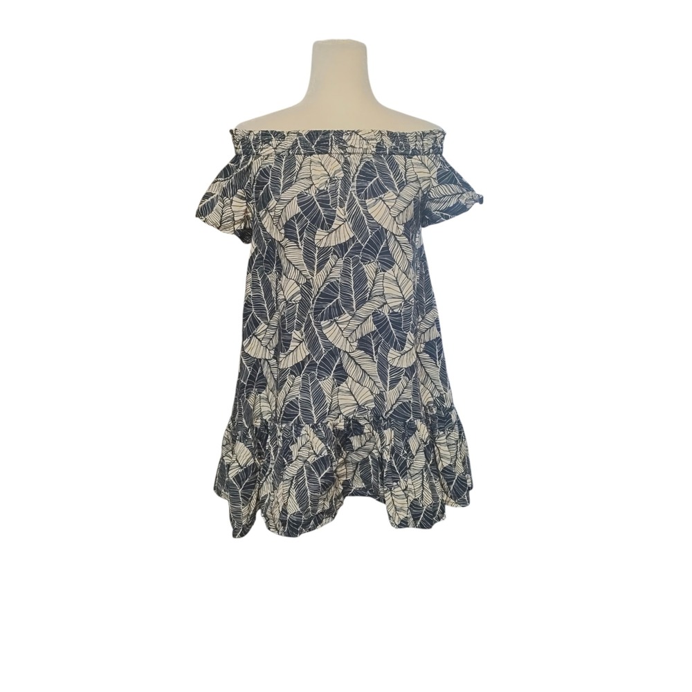Marine Layer Shirley Navy Blue White Palm Leaf Off Shoulder Ruffle Mini Dress M - Picture 2 of 16